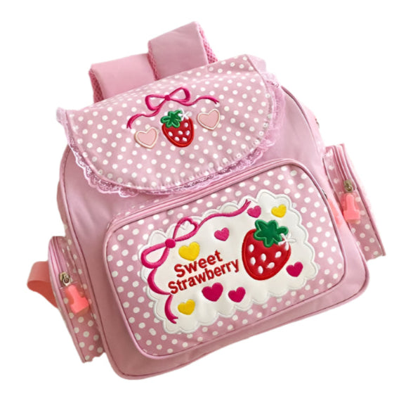 Roze Schooltas Voor Kinderen - Ruime Rugzak Met Aardbeien Borduurwerk 0