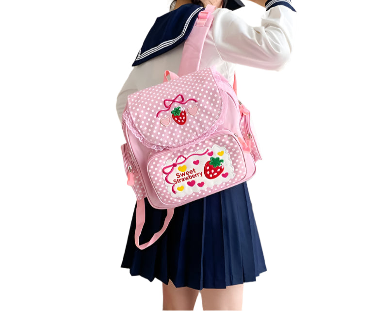 Roze Schooltas Voor Kinderen - Ruime Rugzak Met Aardbeien Borduurwerk 1