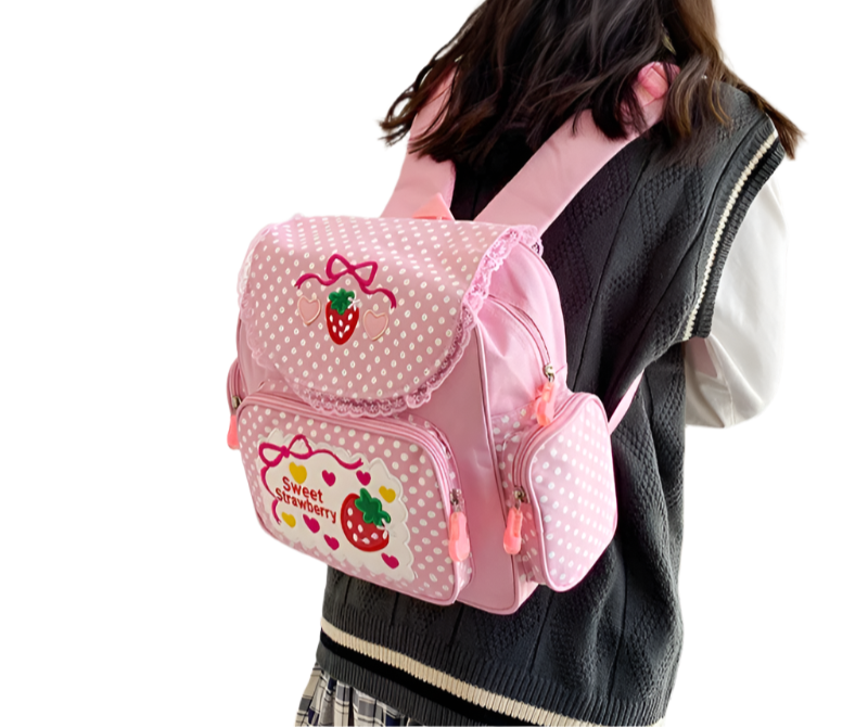 Roze Schooltas Voor Kinderen - Ruime Rugzak Met Aardbeien Borduurwerk 2