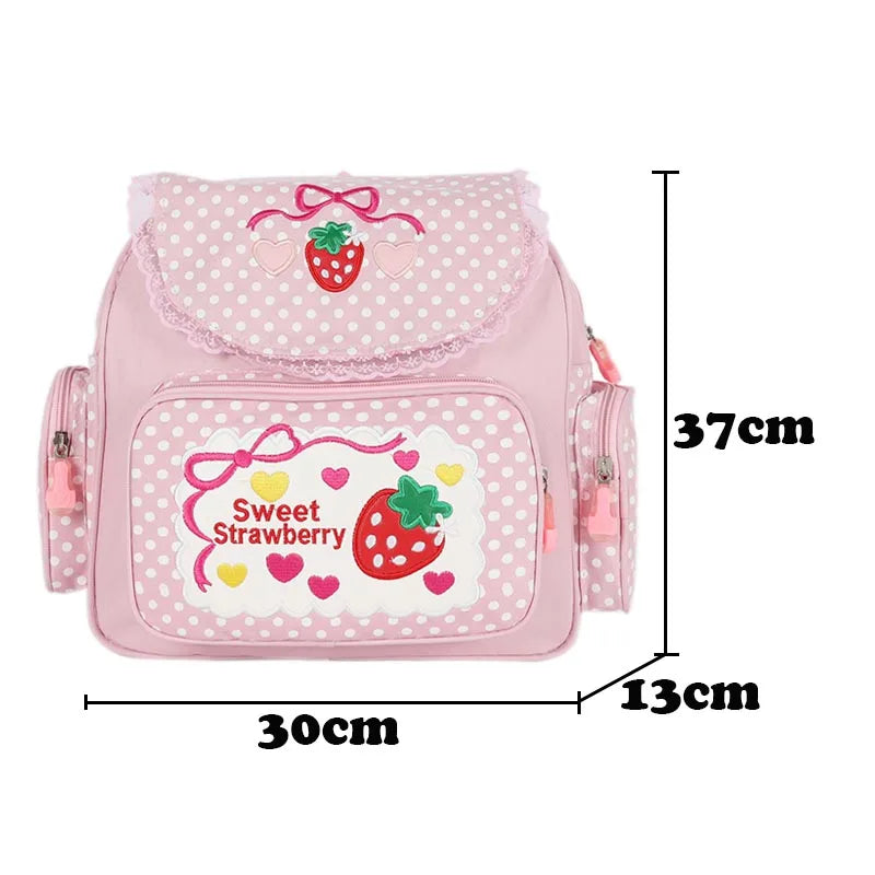 Roze Schooltas Voor Kinderen - Ruime Rugzak Met Aardbeien Borduurwerk 5